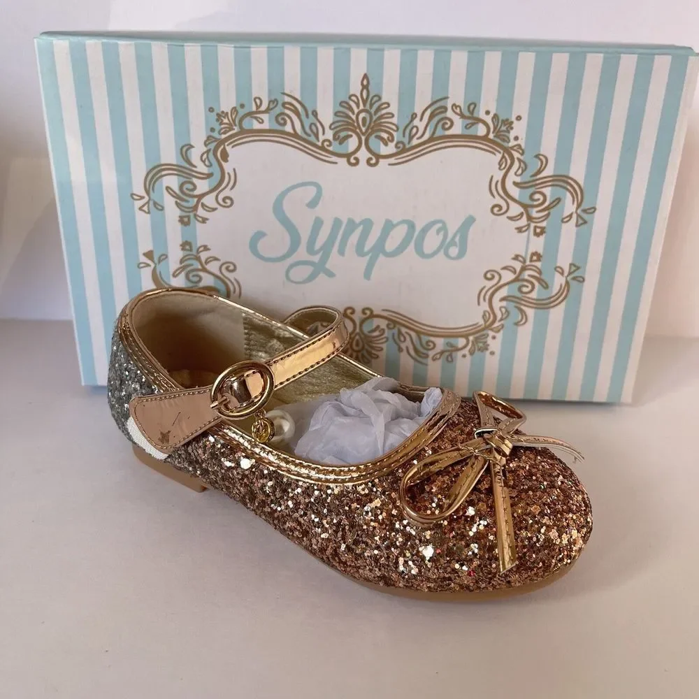 Girls Kids Flat Dress Shoes Size 9 Golden Shiny Princess Wedding Party Beaded